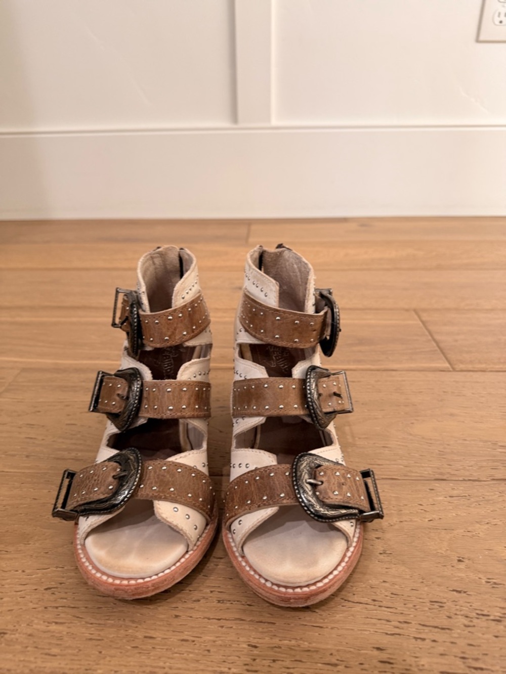 Violet freebird Brown and Cream Studded Buckle Heeled Boots.